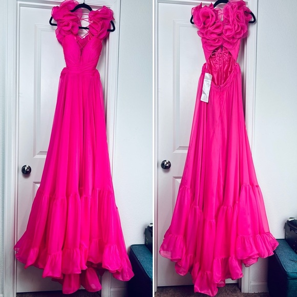 Mac Duggal Indy 6711 Gown 8 Hot Pink Ruffle Corset Back Evening Dress Formal - Picture 4 of 12